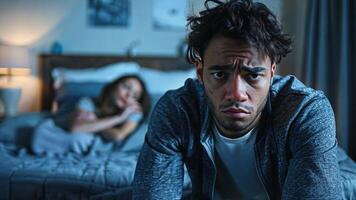 A man sits on the edge of a bed, looking troubled as a woman lies asleep behind him. He appears concerned about issues of infertility and the effects on fatherhood, emphasizing feelings of impotence. video
