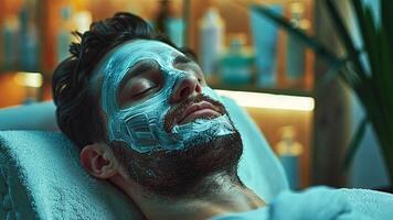 In a calm spa setting, a man receives a facial mask treatment, lying on a treatment bed surrounded by soft lighting and skincare products. The atmosphere is tranquil, enhancing relaxation. video