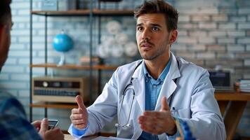 uma masculino médico envolve dentro uma discussão sobre infertilidade problemas, concentrando em saúde problemas gostar impotência e erétil disfunção, visando para providenciar tratamento opções para dele paciente. video