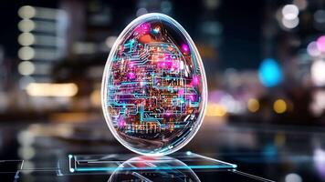 A striking egg-shaped sculpture glows with intricate digital patterns against a blurred city backdrop during nightfall. video