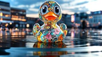 A bright and artistic rubber duck floats on reflective water surrounded by a lively urban backdrop at sunset. Soft light enhances the scene's colors and mood. video