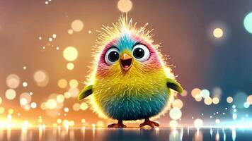 A cheerful bird with colorful, fluffy feathers stands happily amidst a soft-focused background illuminated by gentle lights, creating a joyful atmosphere. video