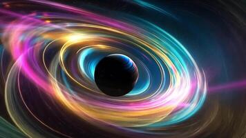 Bright colors swirl around a dark sphere in a stunning cosmic display, captivating viewers' imagination and curiosity. video