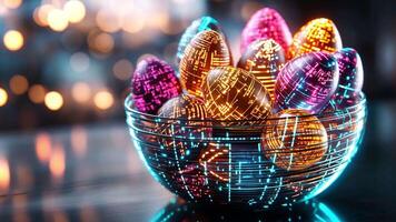 en skål av vibrerande digital ägg med invecklad mönster glöder mjukt, skapande en festlig atmosfär i de bakgrund. video