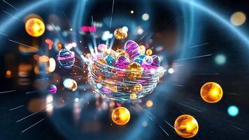 A vibrant display of particles spins around a central point in a digital space, showcasing diverse colors and intricate patterns against a dark backdrop. video