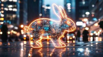 A glowing rabbit made of circuitry stands on a rainy street, surrounded by blurred city lights and pedestrians. The atmosphere is vibrant and tech-inspired. video