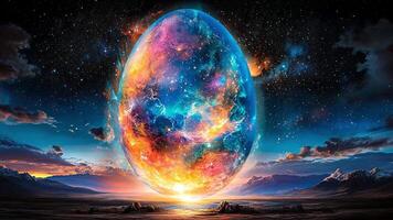 A vibrant cosmic egg radiates colors as it rises from the horizon, illuminating a surreal landscape beneath a starry sky. Mountains frame the otherworldly scene. video