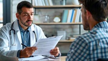uma masculino paciente encontra com uma médico dentro uma moderno saúde Cuidado configuração para discutir infertilidade e erétil disfunção. a médico detém uma papel e explica tratamento opções. video