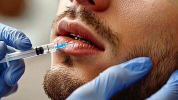 A male cosmetologist expertly administers a lip filler treatment to a client in a well-lit, modern aesthetic clinic. The procedure showcases precision and care in cosmetology practices. video