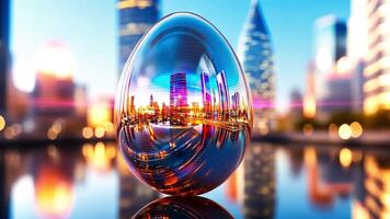 A glass egg rests on a calm surface, showcasing a stunning reflection of a colorful city skyline illuminated by evening lights, symbolizing innovation. video