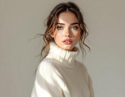 Portrait of a Beautiful Woman Wearing Cream Turtleneck in Soft Light photo