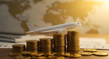 Airplane Model Flying Over Stacked Coins Investment in Airline Industry photo