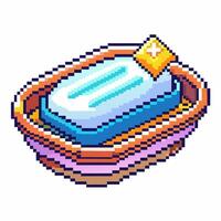 Retro Pixel Art Style Bar of Soap in a Colorful Dish vector