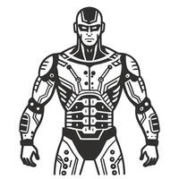 Futuristic robot warrior illustration with cybernetic armor design, monochrome style, strong humanoid figure vector