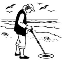 Person with metal detector searching treasure on beach, seagulls flying over seashore, hobby exploration vector