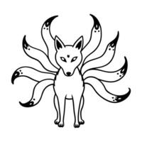 nine tailed fox illustration in black and white mythical creature, folklore symbol, mystical fantasy design vector