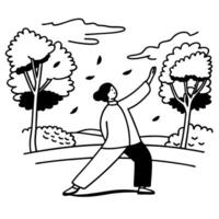 serene tai chi practice in a tranquil park setting woman exercises amidst trees and leaves, promoting wellness and mindfulness vector