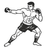 Boxer in fighting stance monochrome illustration of martial arts athlete with gloves, ready for action in competitive sports vector