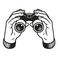 Hands holding binoculars, exploring and searching adventure and observation concept, monochrome illustration vector