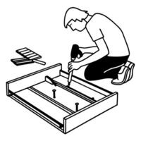 man assembling furniture with tools, simple line art illustration of diy construction project vector