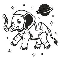 space elephant illustration astronaut elephant floating with stars and planet in black and white vector