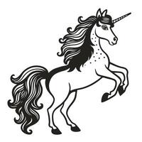 elegant unicorn illustration mythical creature with flowing mane and horned head in black and white graphic art vector