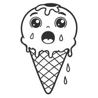 shocked ice cream cone illustration with wide eyes and melting drips black and white style, playful design vector