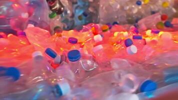 conveyor in garbage sorting plant, plastic bottles for recycling and reuse, ecology save video