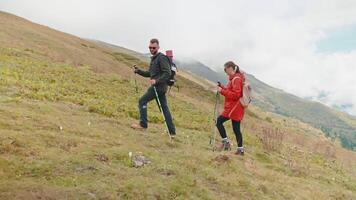 two persons in activewear and sports shoes walking together in mountains, practicing nordic walk video