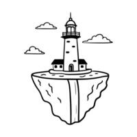 floating lighthouse on cliff black and white illustration of beacon with clouds, minimalist design vector