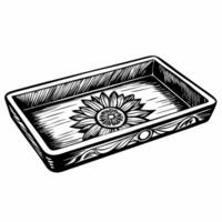 Intricate Rectangular Tray with Sunflower Design Black and White Illustration vector