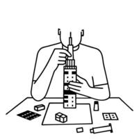 person constructing tower with interlocking blocks, focus on building and creativity hands on engineering and design activity vector