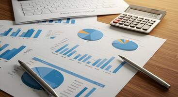 Analyzing Financial Reports with Calculator Keyboard and Pen on Desk photo
