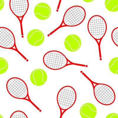 Big tennis racket and ball seamless pattern isolated on white background . Cartoon doodle sport playing game equipment backdrop.