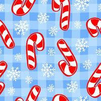 Christmas season seamless pattern with red candy and snowflakes. Cartoon background. Wrapping or scrapbook paper design. vector