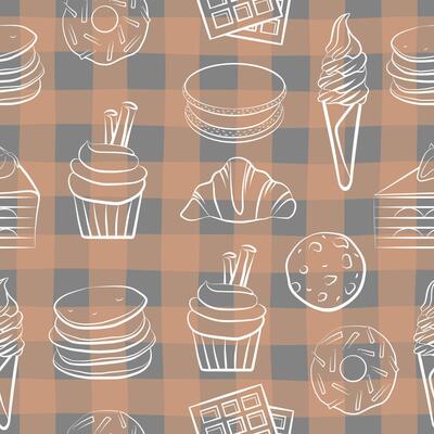 Sweet food outline sketch drawing seamless pattern template, isolated tasty kitchen background, simple doodle black chalkboard. Cookies, donut, cake, pancakes, croissant, ice cream, muffin.