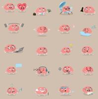 A Brain cartoon character set with happy face smile. Cute hero brain emoji isolated on white background. Brainpower avatar with different emotion and face vector