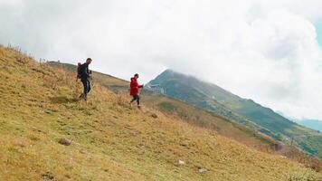 Tourists man and woman hiking in mountains with sticks in hands going down. video