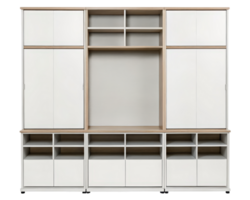 Modern white and wood wall unit with multiple storage compartments on a transparent background png