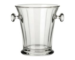 A clear glass ice bucket with handles keeps beverages cold. on a transparent background png