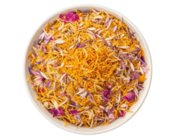 A bowl of colorful dried flower petals for crafts and decoration on a transparent background png
