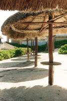 Thatched hut on a stretch of beach overlooking the Caribbean Sea, photo