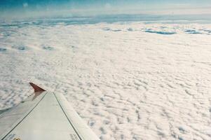Aerial view of cloud and sky with airplane wing,Traveling concept. photo