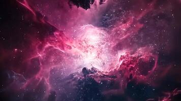 Fantasy animation scene cosmic nebula in pink and purple hues. A breathtaking nebula explodes with vibrant pink and purple hues, swirling gases and cosmic dust creating a mesmerizing video