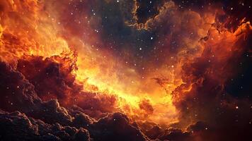 Fantasy animation scene cosmic inferno. A breathtaking cosmic landscape, swirling with fiery nebulae and celestial dust, evokes a sense of awe and wonder at the vastness of space. video