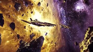 Fantasy animation scene starship in asteroid field. A futuristic spaceship navigates a treacherous asteroid field, amidst a cosmic backdrop of vibrant nebulae and swirling galaxies. video