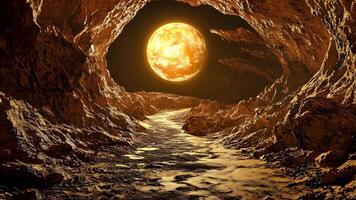 Fantasy animation scene a glimpse beyond. A vibrant, alien moon hangs large in the night sky, casting an ethereal glow on a rugged, rocky landscape, as seen from within a cavernous opening. video