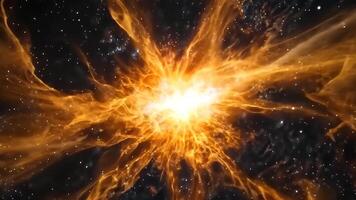 fantasia animação cena cósmico explosão. uma tirar o fôlego imagem do uma fogosa celestial explosão dentro profundo espaço, com vibrante laranja e amarelo matizes contra uma pano de fundo do cintilante estrelas. video
