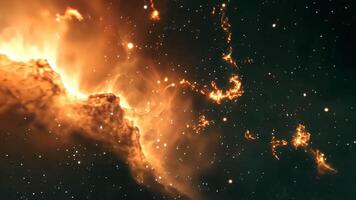 Fantasy animation scene cosmic inferno. A breathtaking nebula blazes with fiery orange and gold hues, its swirling gases illuminated against the backdrop of a star-studded expanse. video