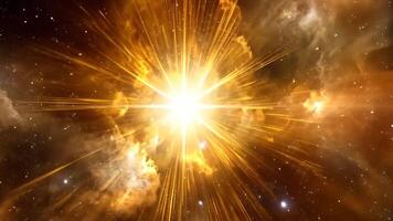 fantasía animación escena cósmico explosión. un fascinante representación de un cósmico explosión, radiante un intenso dorado ligero ese ilumina el rodeando nebulosas video